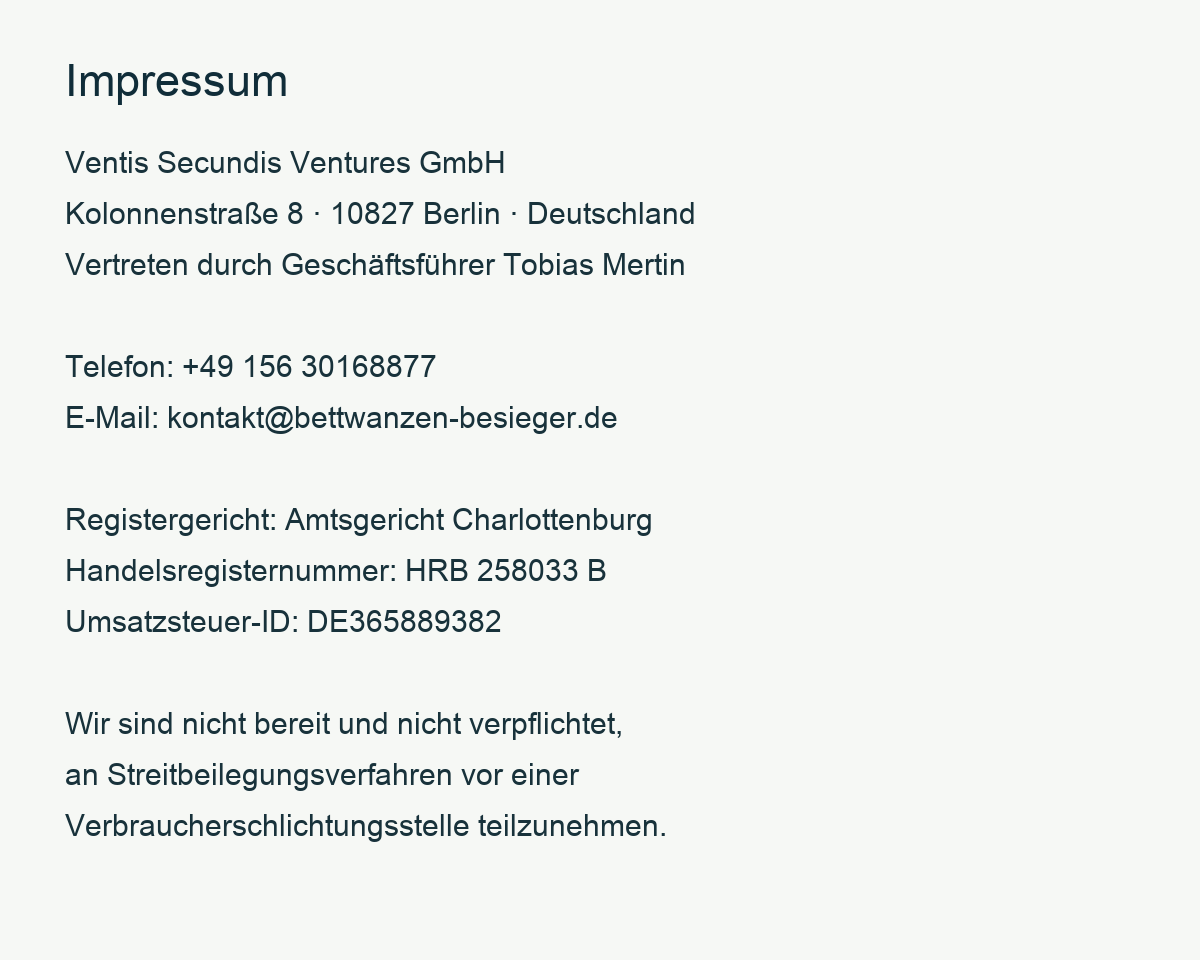 Impressum der Ventis Secundis Ventures GmbH mit Anschrift, Vertretung, Kontakt, Registerangaben, Umsatzsteuer-ID und Streitbeilegungshinweis